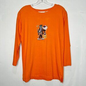 Vtg Malarkey Woman’s Top Sm Halloween Orange Frankenstein Ghost & Friends Shirt